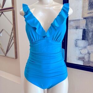 Dkny Blue Ruffled One Piece Swimsuit
